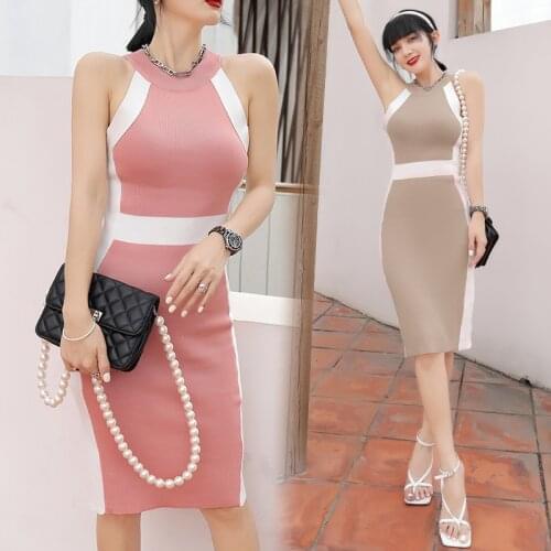 Women Halter Bodycon Dresses Summer Sexy Sleeveless High Waist Stripe Slim Knitting Knee Length Dress Female Korean Party Wear