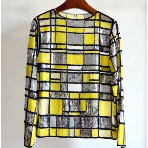 Women Luxury Plaid Check Beading Sequins Tops Tees Perspective Hollow Out O-neck Full Sleeve Long Tops 3Color