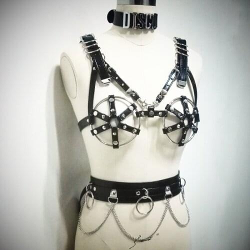 100% Handmade Women Girl Lingerie Caged Leather Metal Bra Top Letter Choker Collar Waist Belt with Chain Links