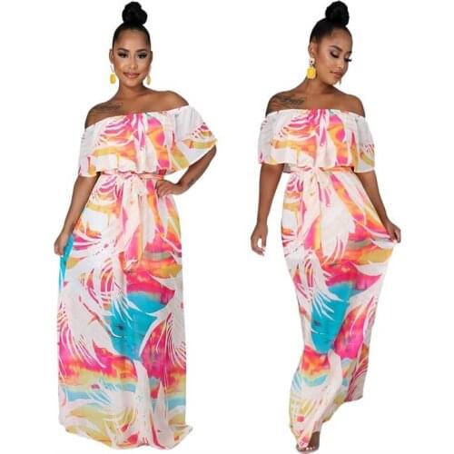 Womens Dress Summer Fashion Slash Neck Print Pleated Long Maxi Dresses 2021 New Sexy Backless Party Dresses For Women Vestidos