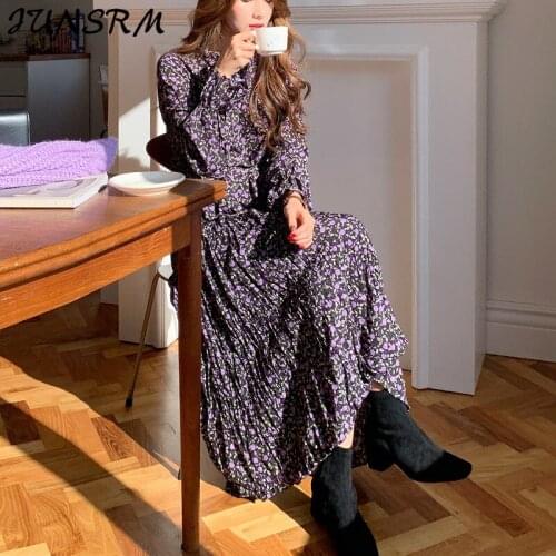 One-Piece Woman Pleated Dress Korean Long Sleeve Boho Beach Purple Floral Dress Women Autumn Winter Waist Design Midi Dresses