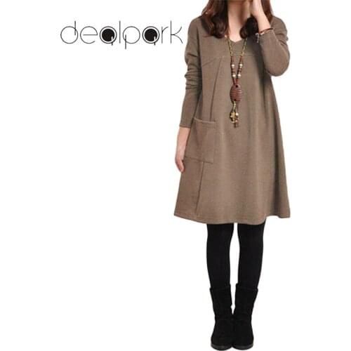 2020 Winter Autumn 3XL 5XL Vintage Dresses Women Plus Size Dress Pockets Long Sleeves Solid V Neck Loose Dress female vestidos