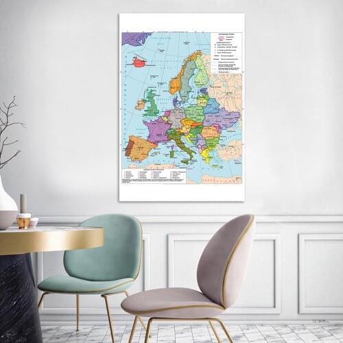 100*150cm The Europe Political Map In Russian Vinyl Canvas Painting Wall Art Poster Classroom Home Decoration School Supplies