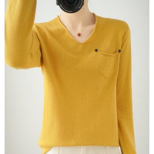 2021 spring and autumn new style 100% pure cotton knit sweater women V-neck loose long-sleeved short solid color pullover