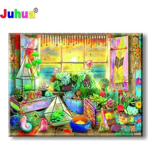 Succulents Diamond Painting Early morning windowsill DIY 5D Diamond Mosaic Mural Art Square Round Diamond Embroidery Wall Decor