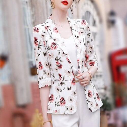 Floral Autumn and winter womens blazer jacket Three quarter sleeve casual solid color flower printed pocket decorative coat726D