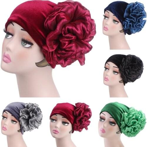 Big Flower Turban Muslim Women Velvet Hijab Chemo Cap Cancer Hat Islamic Head Scarf Beanie Bonnet Hair Loss Cover Headwear Wrap