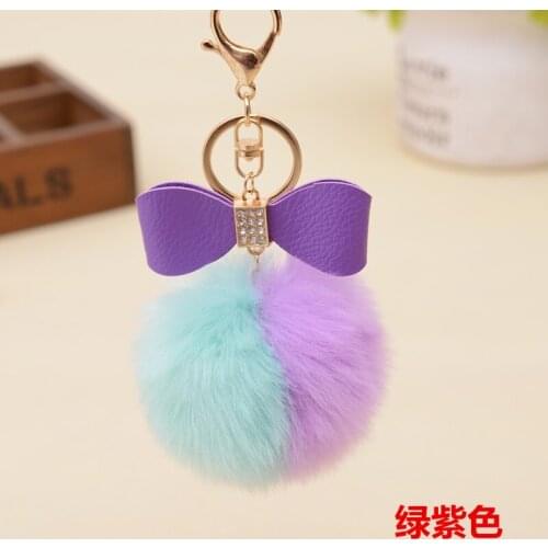 Fashion 7CM Fur Pom Pom Keychain Key Ring Rhinestone PU Leather Bow Rabbit Fur Ball Key Chain Men Women PomPom Plush Keyring