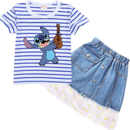 Stitch Striped Children summer girls cotton short sleeve T-shirt denim skirt set birthday gift