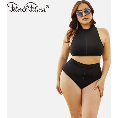 FELIX & FELICIA Women Large Size Swimsuit Sexy Push Up Bikini Set Two-Piece High Waist Swimwear Summer Solid Plus Size Swim Suit