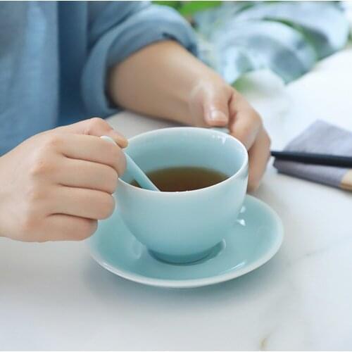 Coffee Mug 9oz Teacup and Saucer Set Porcelain Drinkware Microwave and Dishwasher Safe Ceramic Tableware Chinese Celadons Cup