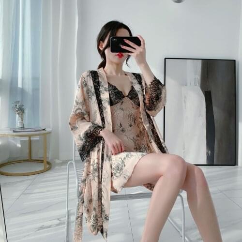 2PCS Kimono Gown Set Female Sexy Lace Robe Bride Bridesmaid Wedding Sleepwear Silky Satin SlingNightgown Floral Painted Dress