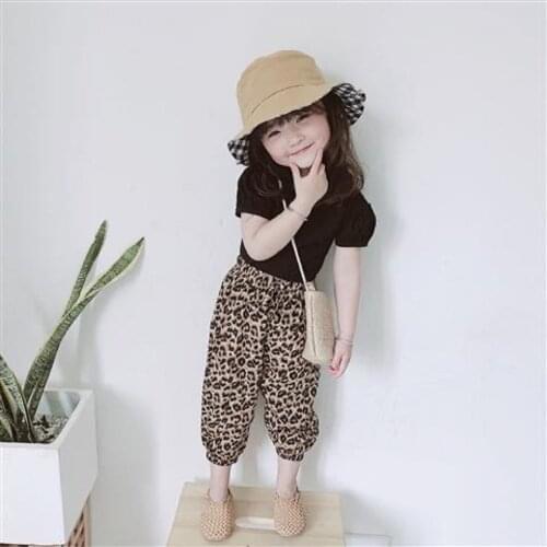 Summer New Kids Suit Black T-Shirt Leopard Pattern Loose Long Trouser Suits Toddler Casual Infant Fashion Set Clothes