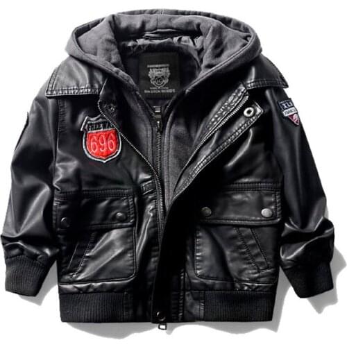 Leather Jackets for Teenagers Winter Kids Boys Hooded Coat PU Faux Leather Jacket with Zipper Children Boy Outerwear 3-14 Years