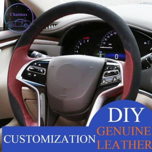 For Cadillac SRX 2013-15 Hand-stitched Car Steering Wheel Cover Wine Red Leather Anti-slip fit all season