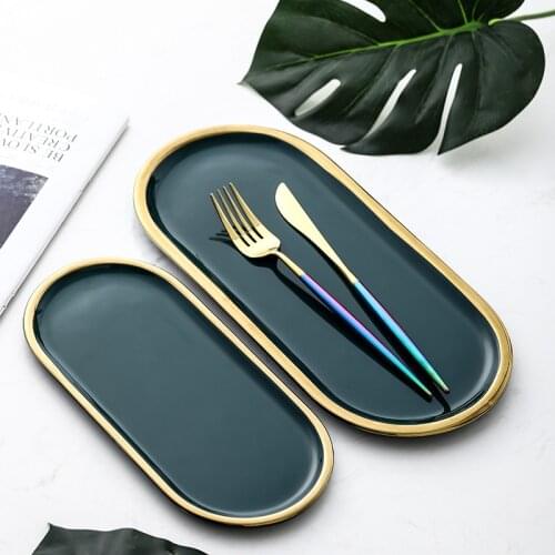Creative Retro Phnom Penh Dark Green Ceramic Dinner Plate Steak Food Dessert Plate Green Salad Oval Tableware