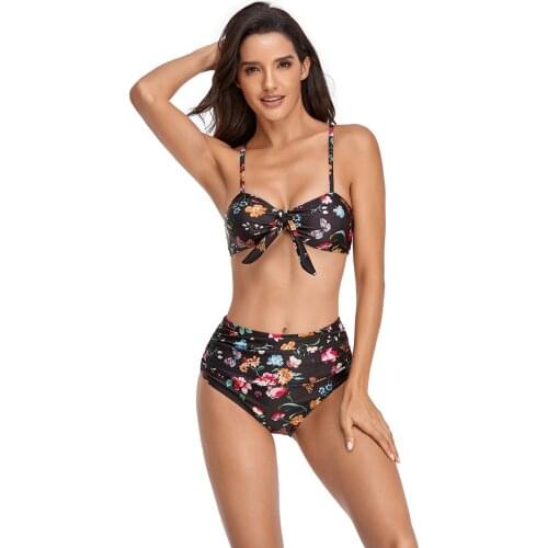 Sexy Floral Bandeau Bikinis Women Push Up Swimwear Spaghetti Strap Bowknot High Waisted Bathing Suit Beach Wear Female Biquini
