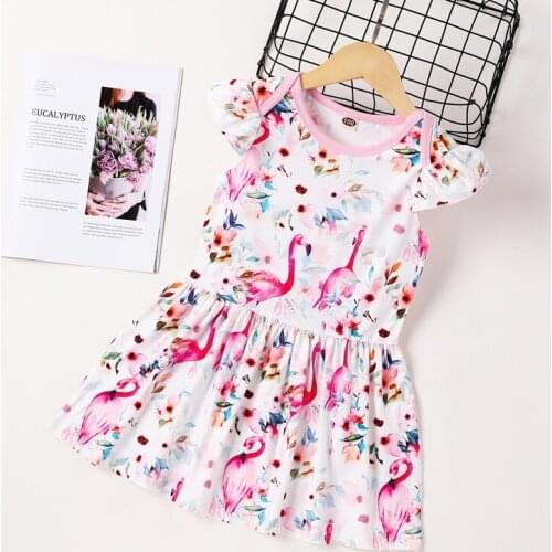 Summer Dress for Girls Animal Flamingo Print Flying Sleeve Girls Dresses Cotton Breathable Soft Kids Dresses Baby Clothes 0-6Y
