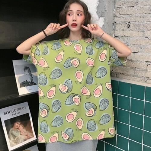Hot Sale Women Summer Avocado Print Tee Crew Neck Short Sleeve T-shirt Loose Casual Tshirt Top