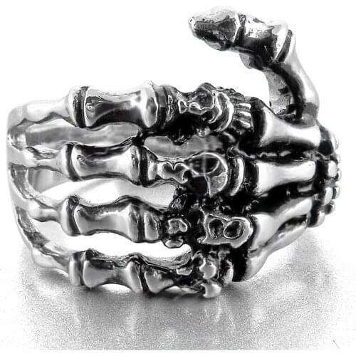 Mens Punk Retro Skull Hand Bone Ring Exaggerated Personality Hip Hop Party Ring Size 7-12