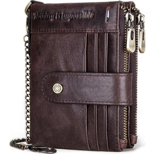High Quality RFID Mens Double Zipper Leather Wallet Anti-theft Brush Wallet Multi-card Crazy Horse Leather Coin Purse