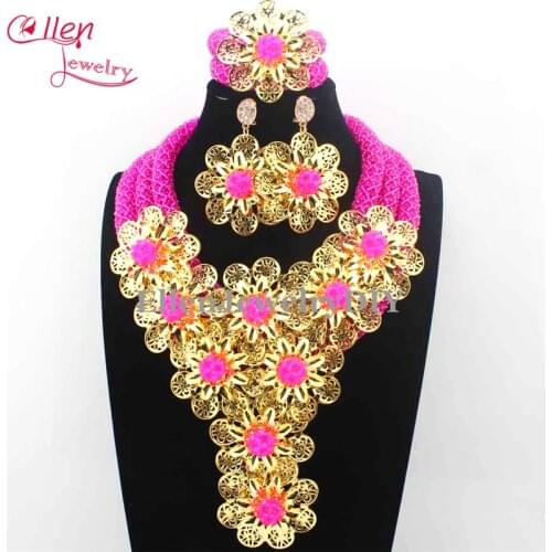 New Big Luxury African beads jewelry sets india nigerian wedding beads flower beaded bridal necklace dubai jewelry sets E1083