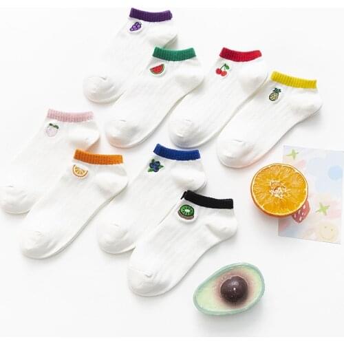 2021Spring and Summer New Womens Socks Japanese Cotton Embroidery Cartoon Fruit Ladies Boat Socks College Style Fashion Socks