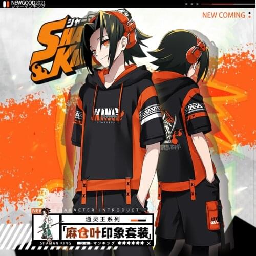NEW Anime SHAMAN KING Yoh Asakura Hooded Loose Short Sleeve T-shirt Tee Tops Fashion Men Women Casual Summer Pullover Shorts Set