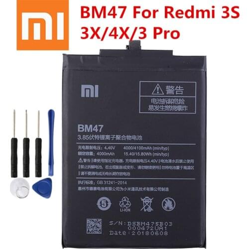 Xiao mi 100% Orginal BM47 4100mAh Battery For Xiaomi Redmi 3S 3X Redmi 4X Redmi 3 / 3pro BM47 Phone Replacement Batteries