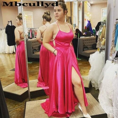 Mbcullyd High Split Fuchsia Prom Dresses 2020 Elegant Cross Backless Evening Party Dress With Pocket vestidos de fiesta de noche