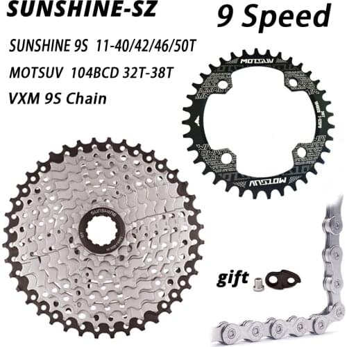 SUNSHINE MTB Road bike 9speed Bike Freewheel 11-40T 42T 46T 50T Cassette Flywheel 104BCD Chainring 32T 34T 36T 38T VXM 9S Chain
