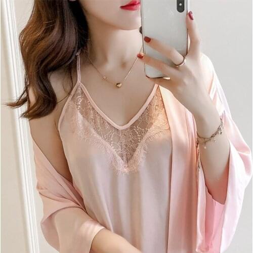 Spring and Autumn Ladies Lace Halter Sling Nightdress Two-piece Suit Imitation Silk Comfortable Breathable Homewear Nightgown