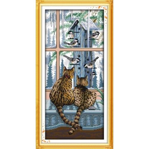Cat and bird look at each other count cross stitch Aida 14ct 11ct embroidery material set DIY needlework kit decoration painting