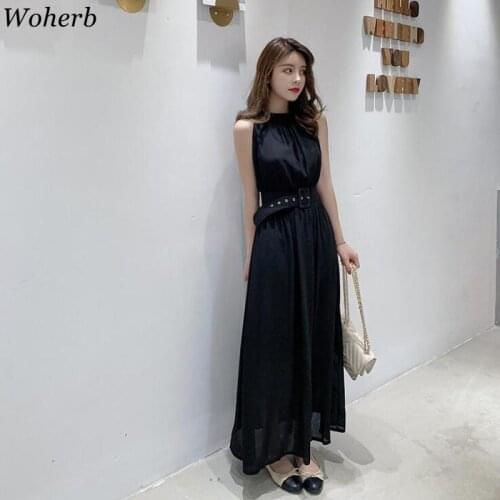 Woherb Sexy Chiffon Dress Women Summer 2021 Halter Sleeveless Dresses Korean Chic Slim Waist Vestidos Maxi Beach Dress 25494