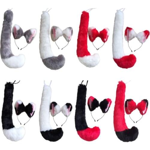Japanese Anime Cat Wolf Cosplay Props Accessory Contrast Color Plush Ears Bandana Hair Hoop Animal Long Tail Halloween Costume