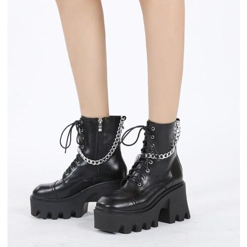 2021 Autumn Winter Gothic Women Ankle Boots Fashion Metal Chain Patent Leather Female Short Boots Punk Style Ladies Shoes