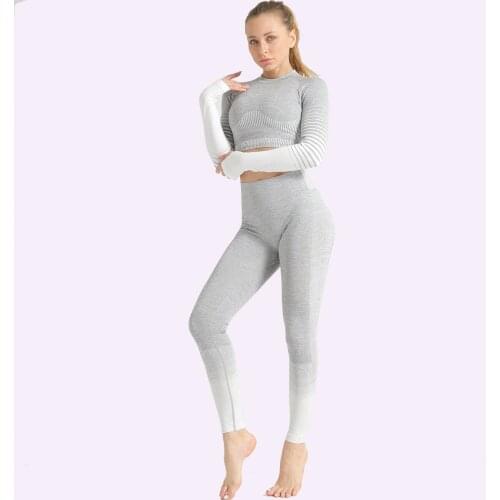 Women 2pcs Seamless Yoga Set Sport Suit Gymwear Workout Clothes Long Sleeve Gym Crop Top High Waist Leggings Fitness Sports Wear