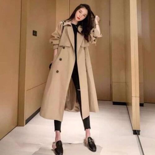 Fashion Korean Oversized Womens Trench Coat Double-Breasted Long with Belt Office Lady Windbreaker Spring Autumn Outerwear