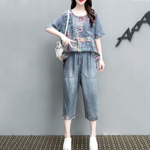 New 2 Piece Set Printing Top + Pants Womens Cowboy Suit Summer Thin Section Female Casual Outfit Denim Splicing Two-Piece Suit