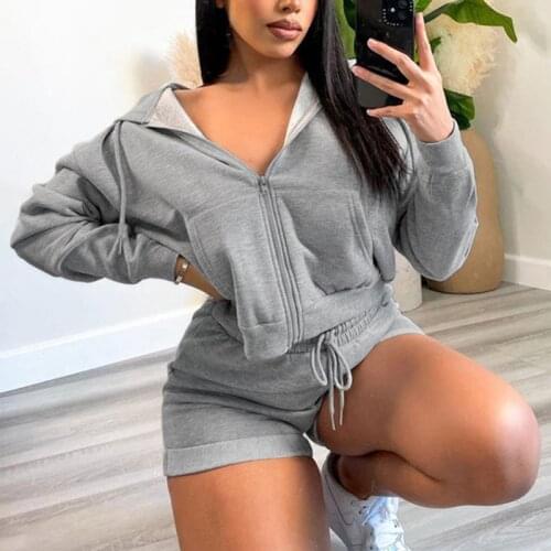 SEASONS Solid Sporty Two Piece Set Women Autumn Casual Hoody Sweatshirt+Drawstring Shorts Matching Set FemaleTracksuit ASSU83685