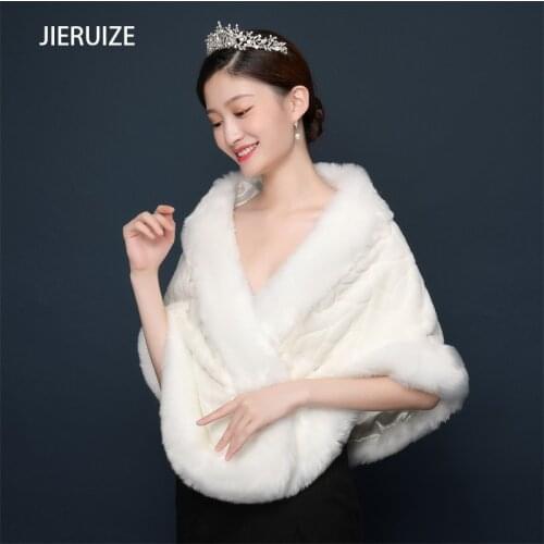 JIERUIZE Winter Wedding Bridal Shawl Winter Warm Faux Fur Wrap Petal Wave Edge Short Cloak Lady Thick Party Cold-proof Cape