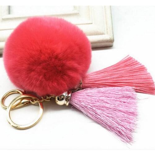 2 PCS Ice Silk Tassel Rex Rabbit Fur Ball Keychain Large Pompom Keychain Gold Color Lobster Clip Bag Accessories Wholesale
