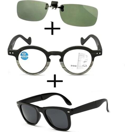3Pcs!! Progressive Multifocal Far and Near Reading Glasses Men Women + Squared Polarized Sunglasses Outdoor + Sunglasses Clip