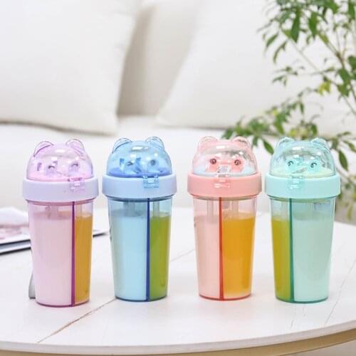 420ml creative cute cup of double-drinking plastic cup portable separated childrens water cup smoothie boba milk tea straw cup