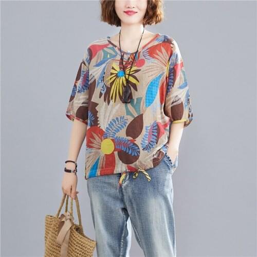 2020 Summer Print Blouse Shirts Elegant O-neck Cotton Linen Blouses Women Short Sleeve Top Pullover Blusa Feminina 240