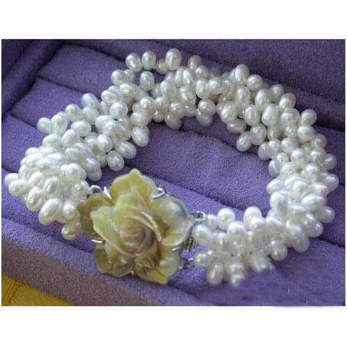 Classical Genuine Pearl Jewelry 4rows 6-7mm White Rice Freshwater Pearl Bracelet Shell Flower Clasp
