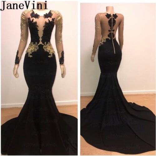 JaneVini Black and Gold Lace Appliqued Prom Dresses 2019 Long Sleeves Mermaid Red Carpet Dress African Black Girls Evening Gowns