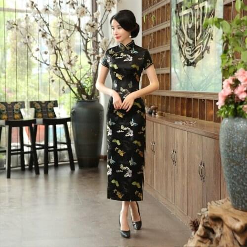 Black Lady Big Size 3XL Women Vintage Button Qipao Mandarin Collar Novelty Chinese Dresses Print Flower&butterfly Cheongsam
