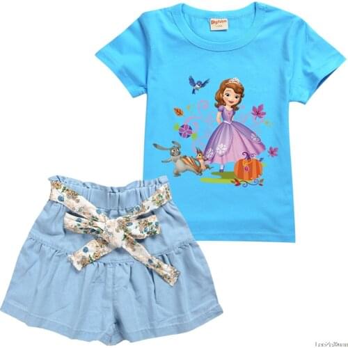 2021 New Children Summer Sofia Girls Clothes Print Children Tops Girls Fashion TShirt+Denim Culottes 2Pcs Sets