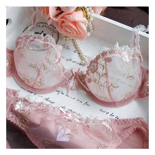 Sexy Ultra-thin bralette embroidered lace female bra & brief sets flower bra sets underwire pink womens lingerie panties suit